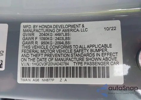 2022 Honda Accord Hybrid Sport z USA, uszkodzony, nr VIN 1HGCV3F20NA040784